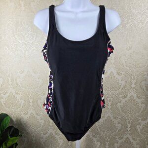 Catalina Size XL (16-18) One Piece Swimsuit Black with Patterned Side Panels
